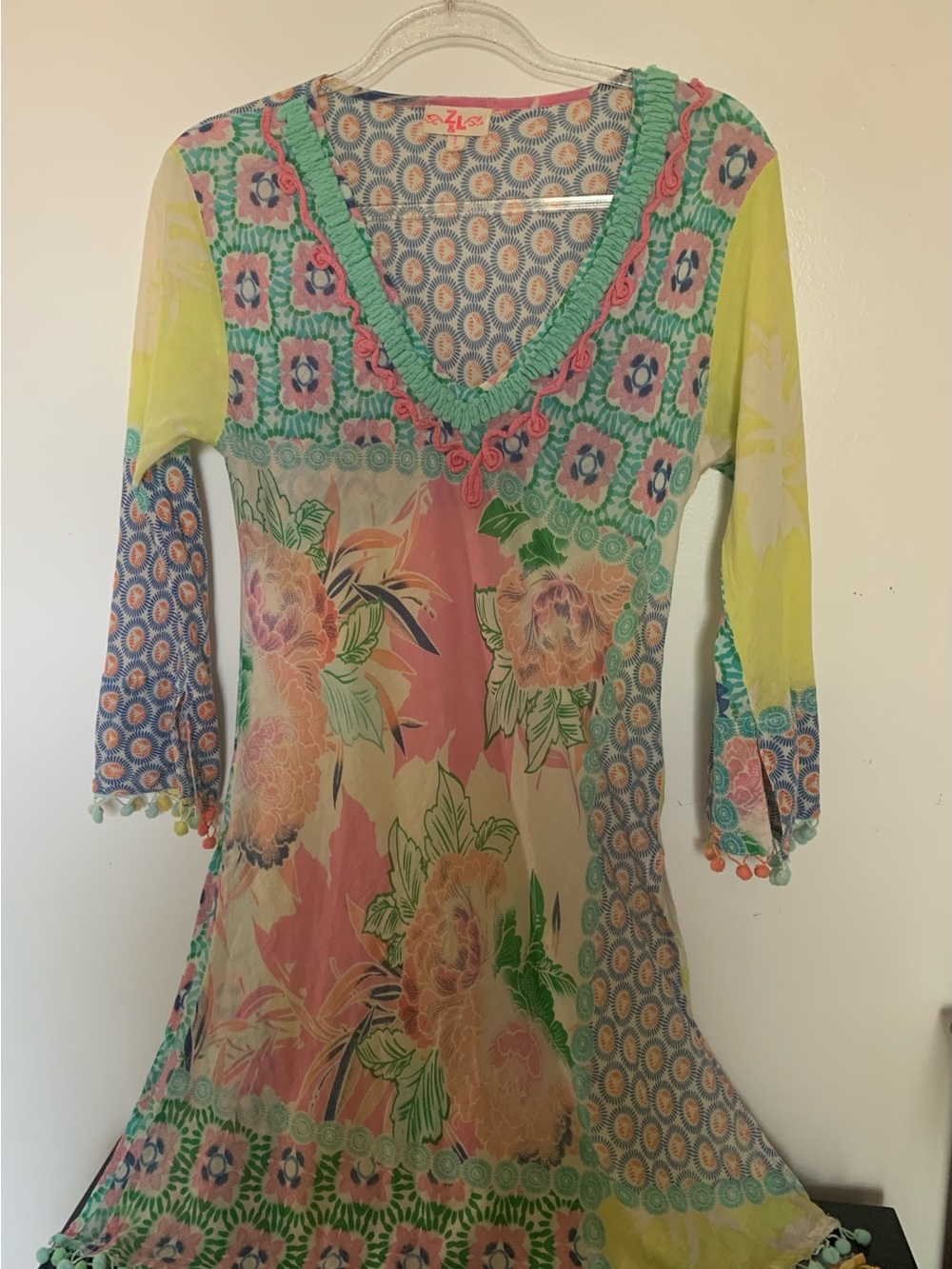 Floral V-Neck Mesh Tunic Dress in Multicolor